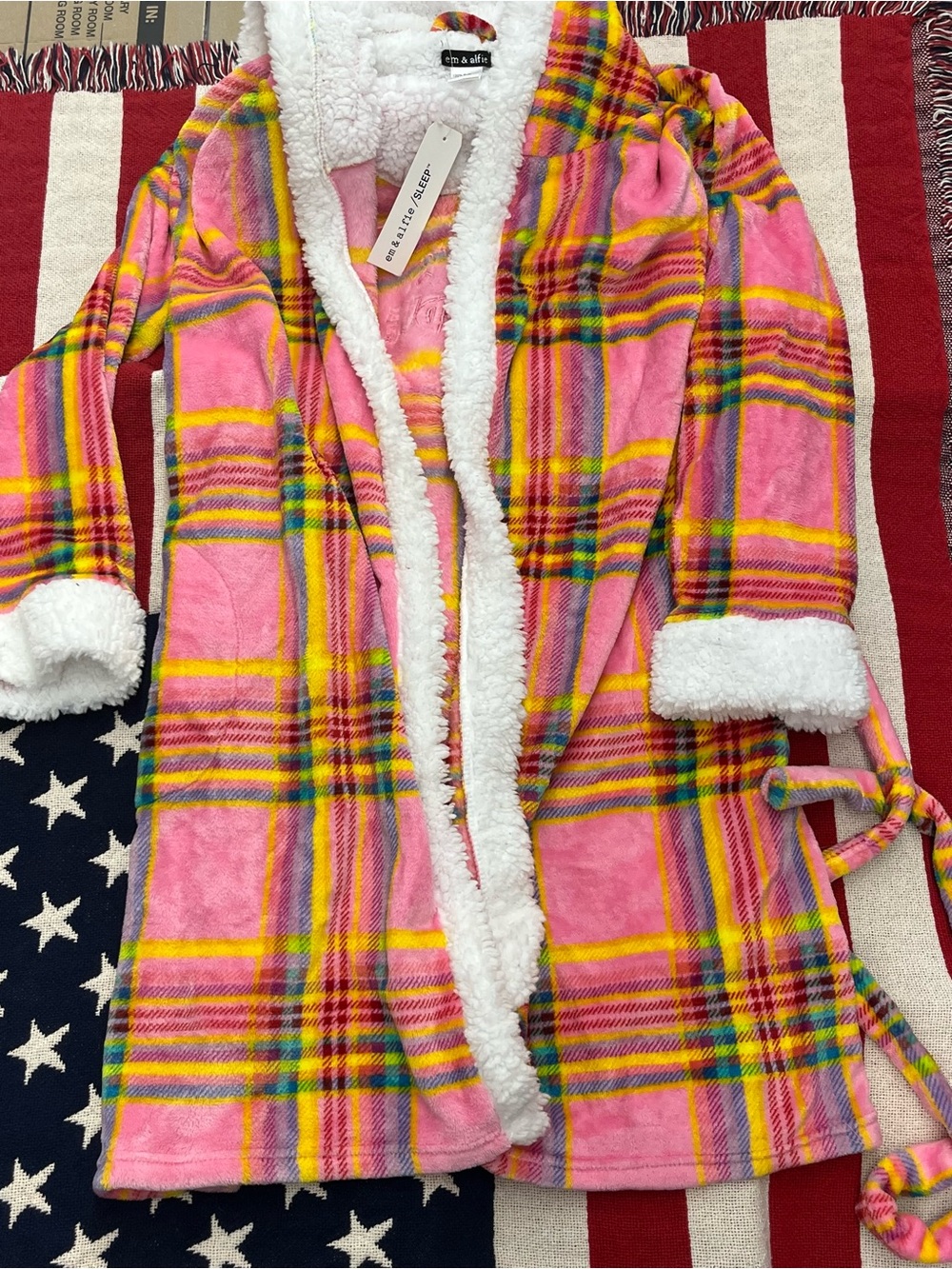 Em & Alfie Pink Plaid Sherpa-Lined Pajama Robe Women’s Size S/M NWT